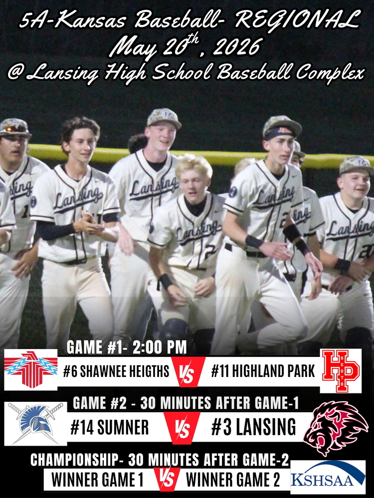 Lansing High School will host the 5A Baseball Regional on Wednesday, May 20, bringing an exciting afternoon of postseason baseball to the community. Fans are encouraged to come out and support the Lions as they compete for a chance to advance. Regional action begins at 2:00 p.m. with Game 1 featuring #11 Highland Park taking on #6 Shawnee Heights. Approximately 30 minutes after the conclusion of the opening game, #14 Sumner will face #3 Lansing in Game 2. The Regional Championship game will begin approximately 30 minutes after Game 2 and will feature the winners of the first two matchups. With a trip to the next round on the line, the tournament promises high-energy competition and a great atmosphere at the ballpark. Lansing Baseball Head Coach Brad Basler invites the community to come out and enjoy an afternoon of high-stakes high school baseball while cheering on the Lions. “We would love to have everyone out to the park for some high-stakes high school baseball,” Basler shared. All games will be played at Lansing High School on Wednesday, May 20.