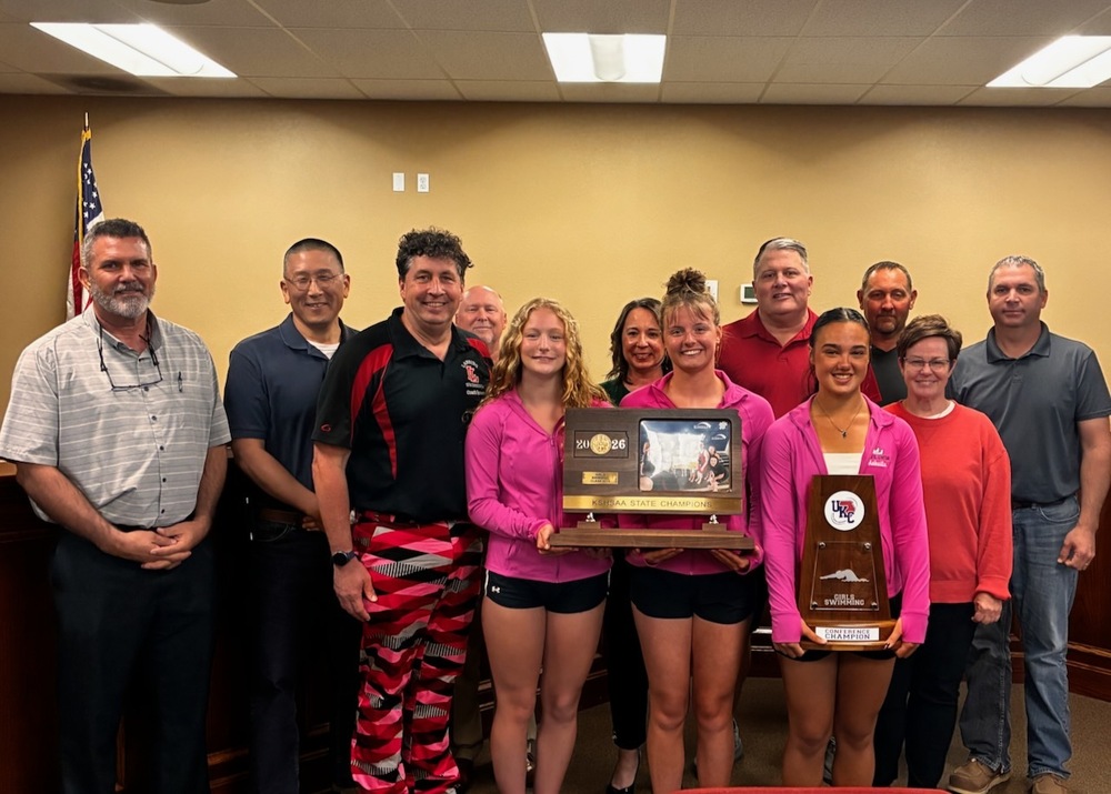 State Champion Girls Swim Team Recognized at June 8 Board of Education Meeting