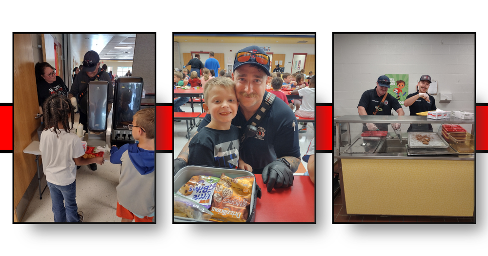 Here are the photos from today of the Lansing Firemen helping out in the cafeteria.  Two of them served food and the other 2 helped the students at the tables while they visited with them.  The kids loved it!  They asked them lots of questions.