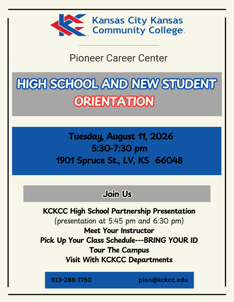 Students enrolled in KCKCC courses through the district's partnership with Kansas City Kansas Community College are encouraged to attend the High School and New Student Orientation on August 11 at the Pioneer Career Center in Leavenworth.