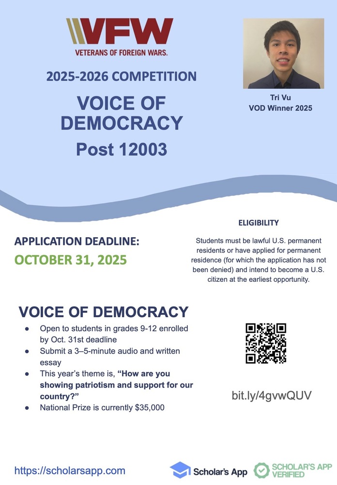 Voice of Democracy & Patriot’s Pen Scholarship Competitions Now Open