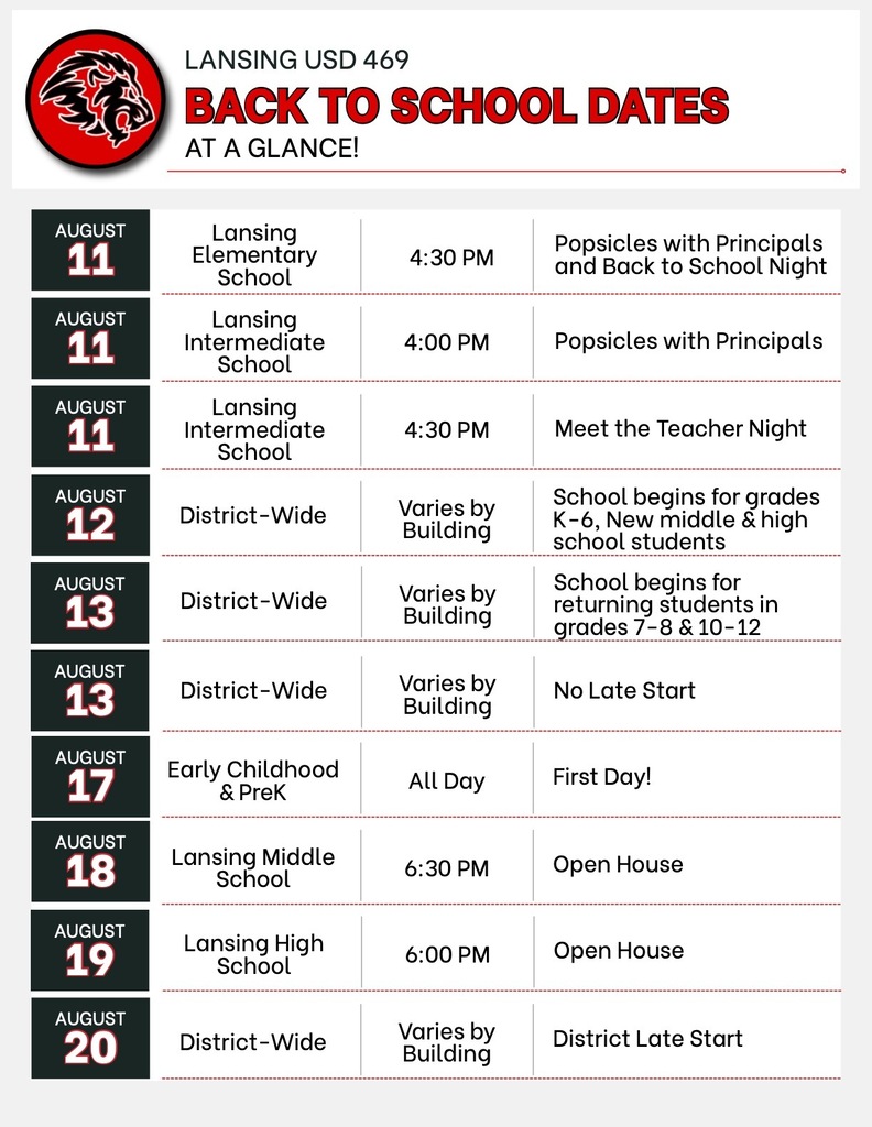BACK TO SCHOOL DATES AT A GLANCE
