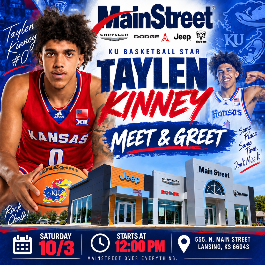 KU Basketball’s Taylen Kinney Coming to Lansing Lansing families and basketball fans have a chance to meet KU basketball player Taylen Kinney! MainStreet in Lansing will host a Meet & Greet with Taylen Kinney on Saturday, October 3, beginning at noon at the dealership, located at 555 N. Main Street in Lansing. Students and families interested in meeting the KU basketball player are invited to stop by and take part in the event. 📅 Saturday, October 3 ⏰ Starts at 12:00 p.m. 📍 MainStreet, 555 N. Main Street, Lansing Rock Chalk!