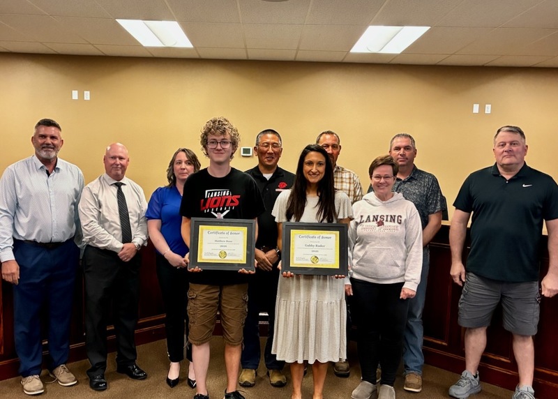 Student and staff member of the month with board of education