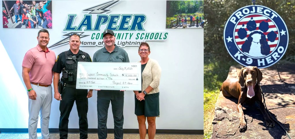 Two photos - one of a check presentation and one of a brown dog