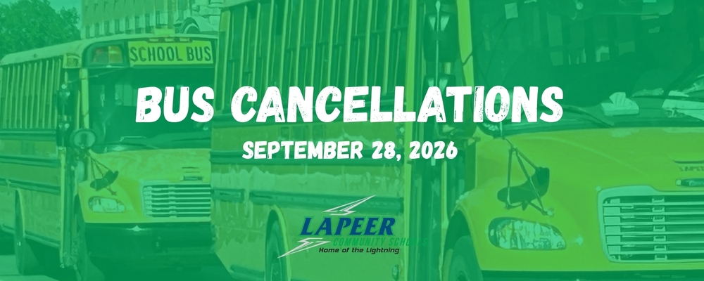 Graphic announcing bus cancellations at LCS for September 28, 2026