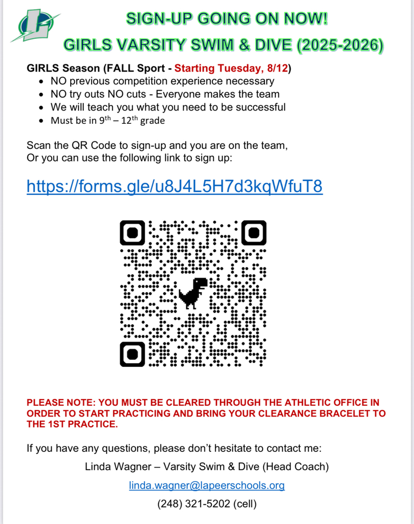 Sign-up info for 2025 Lapeer girls swim and dive team