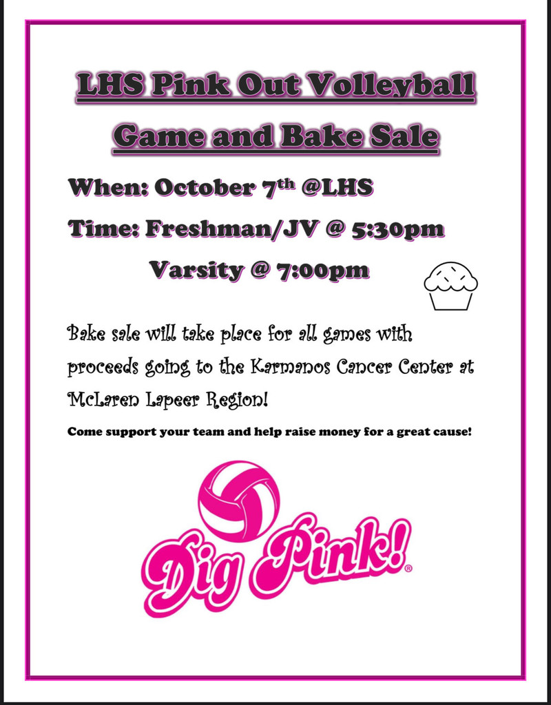 Pink Out volleyball game and bake sale flyer