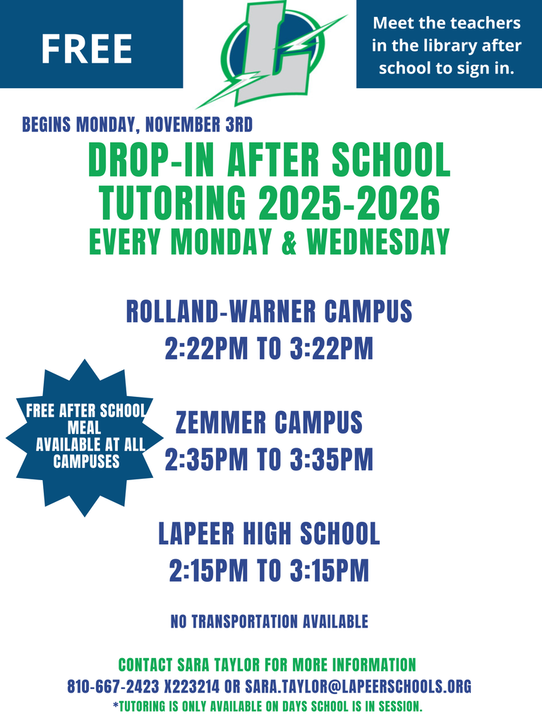 ✍️ AFTER-SCHOOL TUTORING ✍️   Starting Monday, November 3, after-school tutoring will again be offered every Monday and Wednesday at Lapeer High School, Zemmer Campus and Rolland-Warner Campus.  - LHS: Students sign-in at the media center. Teachers typically tutor in their rooms.  - Zemmer: Students sign-in at the media center. Teachers utilize their rooms and media center to tutor.  -RW: Students sign-in at the media center. Teachers utilize A109 and sometimes the media center.  #BoltUp #ChampionsMadeHere #DistrictOfChoices