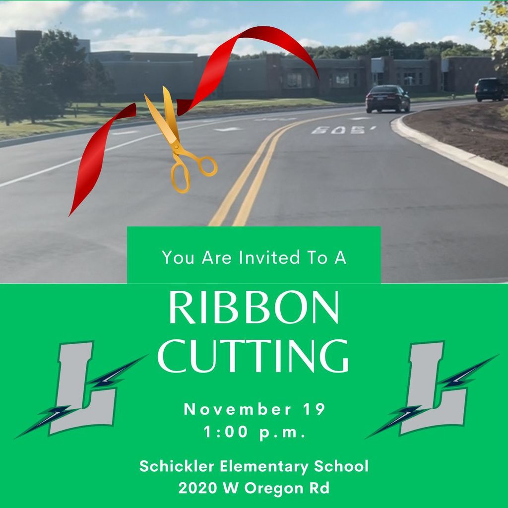 Announcement for upcoming ribbon cutting at Schickler