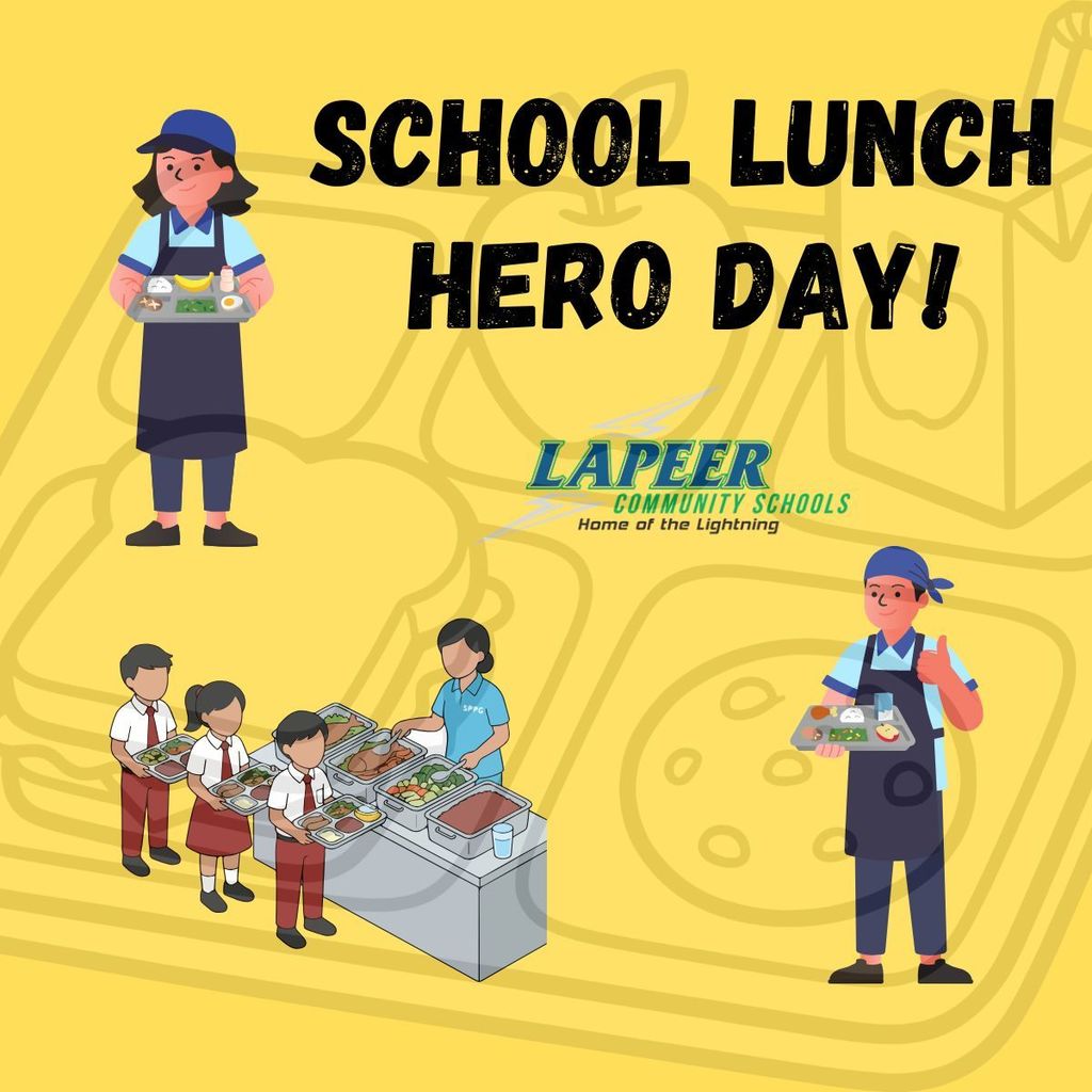 Graphic for school lunch hero day with graphics of cafeteria workers serving food