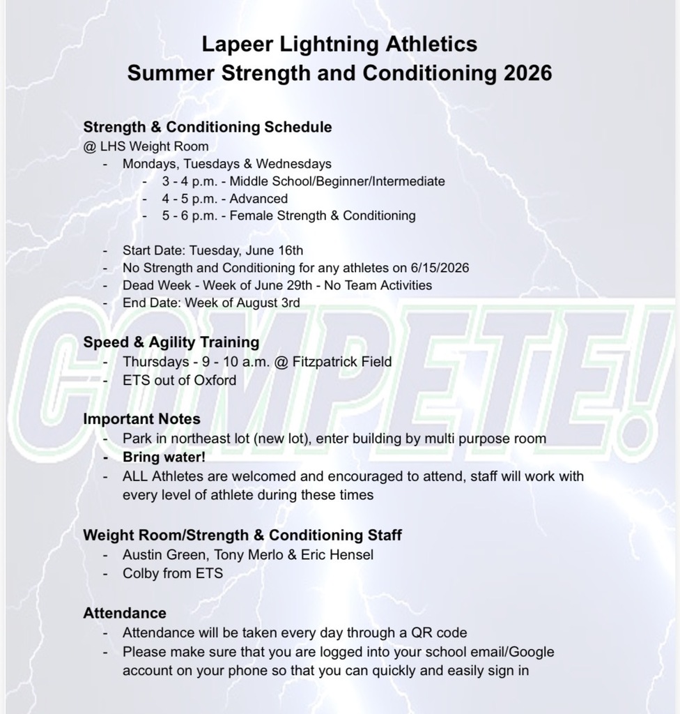 Lapeer summer 2026 strength and conditioning schedule