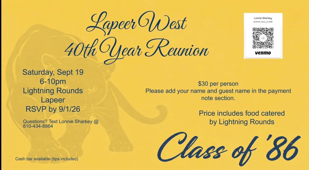 Lapeer West 40-year reunion announcement