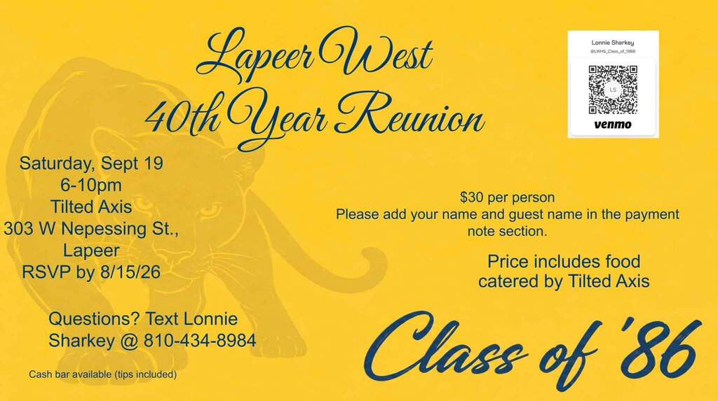 Lapeer West 40-year reunion announcement