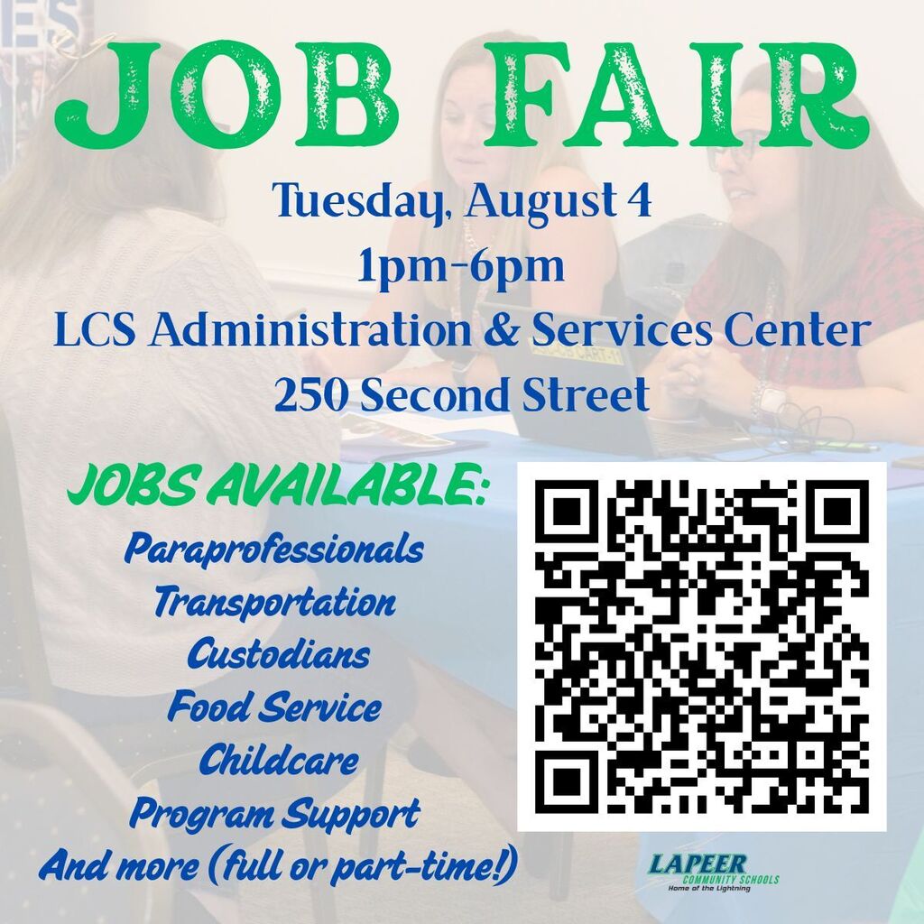 Graphic announcing LCS job fair for August 4