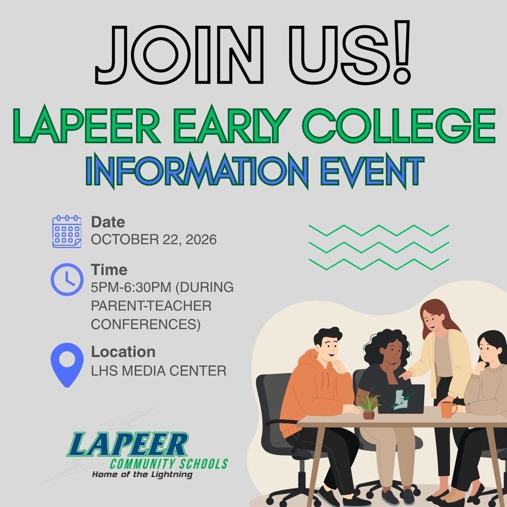 Graphic detailing upcoming Lapeer Early College information night