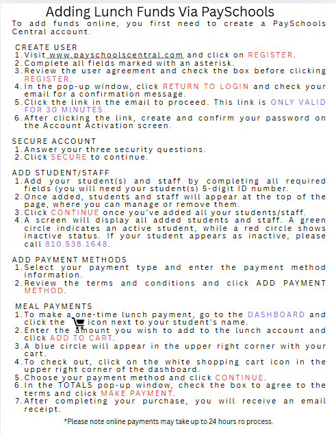 Directions to prepay for school lunches