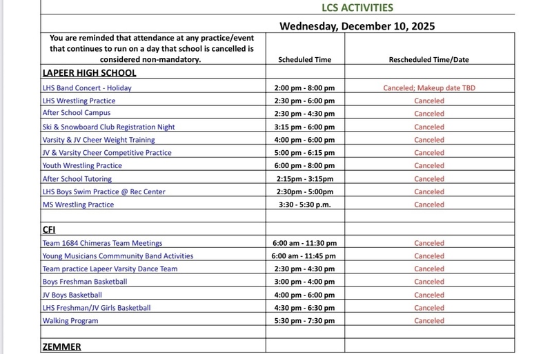 After-school activities canceled at LCS for December 10
