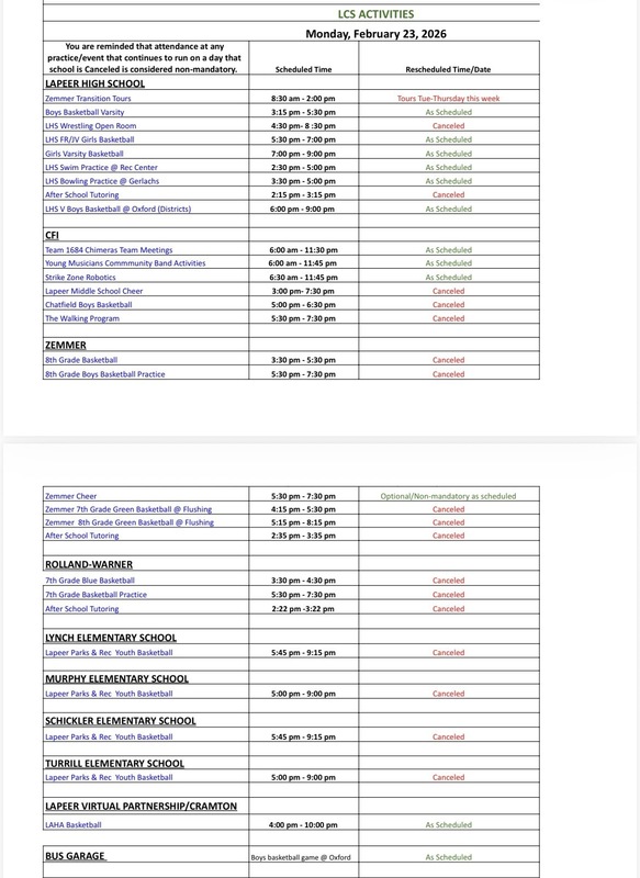 List of LCS afternoon/evening activities for February 23, 2026