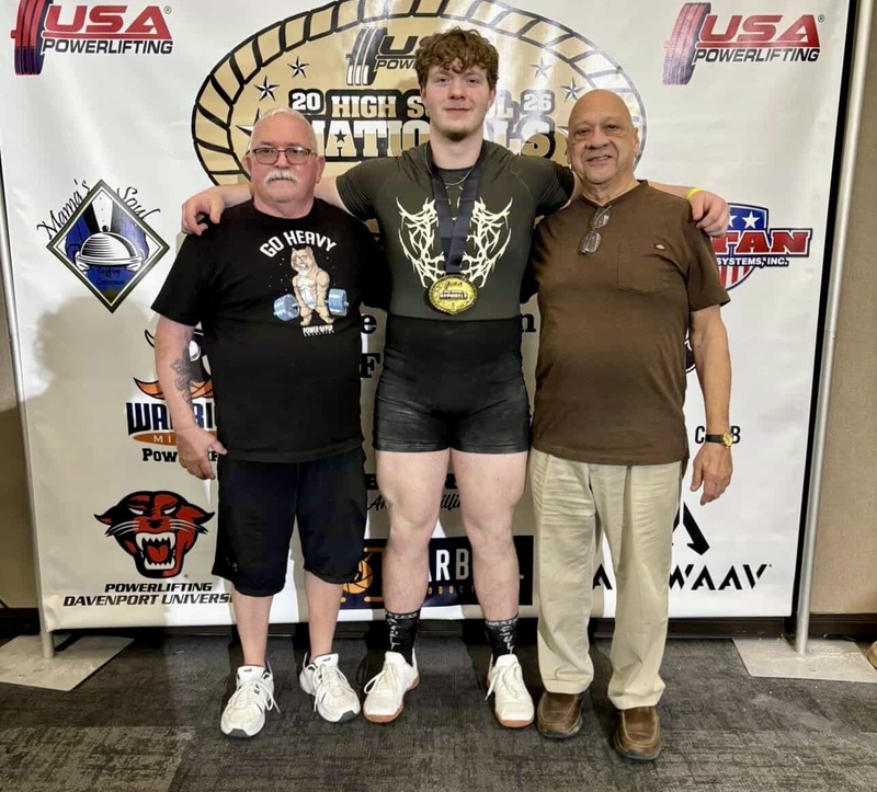 Zane Sanchez with his two powerlifting coaches