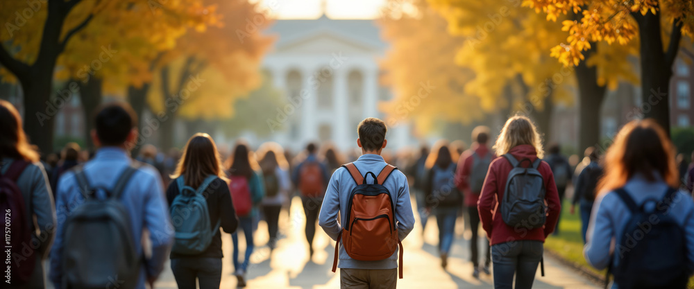 Students walking toward a school building; trees indicate that it's autumn by coloration of leaves.