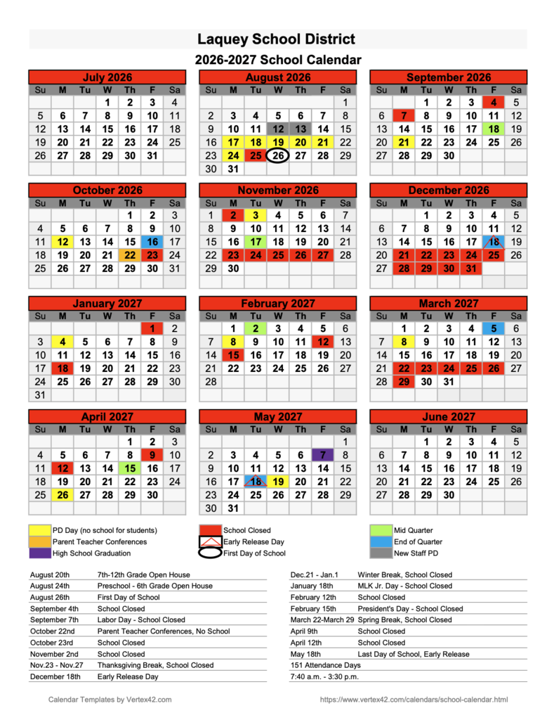 2026-2027 School Year Calendar