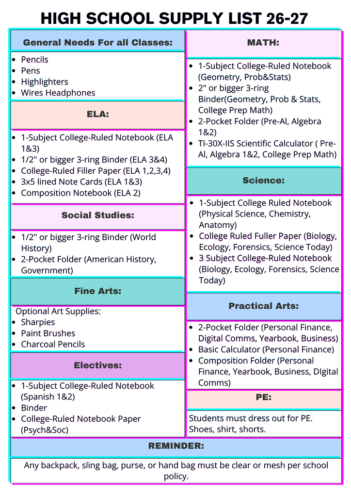 High School Supply List
