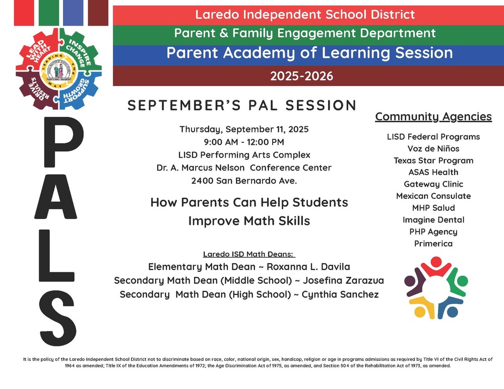 Laredo ISD - Parent & Family Engagement Department - Parent Academy of Learning Session - Sept. 11, 2025, 9 am @ Dr. A. Nelson Conference Center