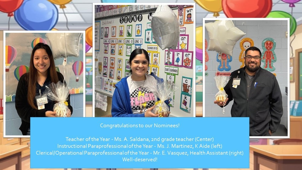 🍎🏆Congratulations to our Nominees!!  Teacher of the Year - Ms. A. Saldana, 2nd grade teacher Instructional Paraprofessional of the Year - Ms. J. Martinez, K Aide Clerical/Operational Paraprofessional of the Year - Mr. E. Vasquez, Health Assistant Well-deserved!  #DaichesProud