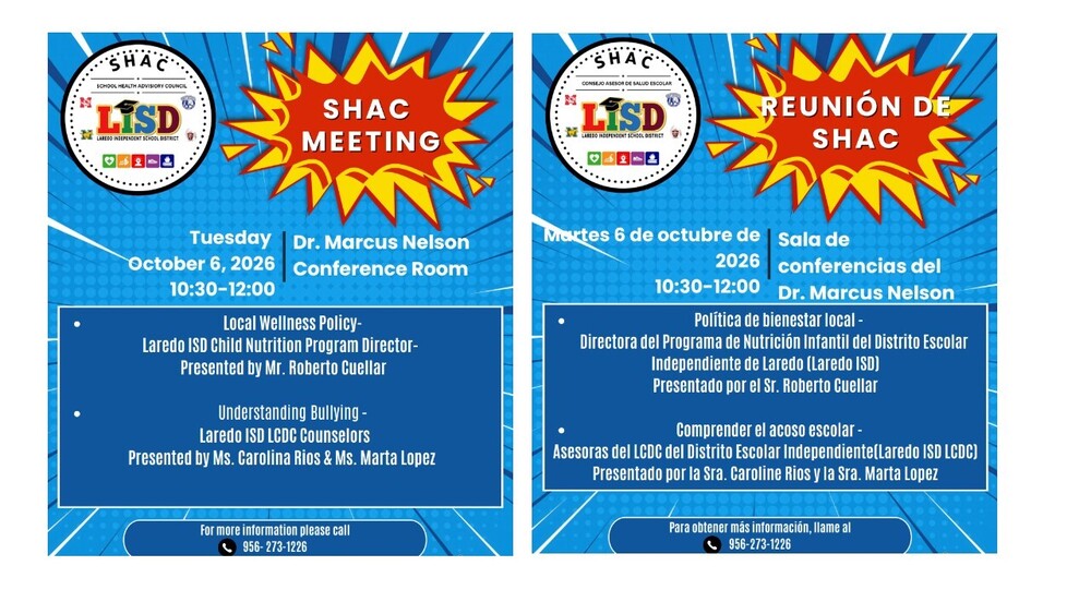 LISD SHAC Meeting - Oct. 6, 2026 at 10:30 am at Dr. M. Nelson Conference Room