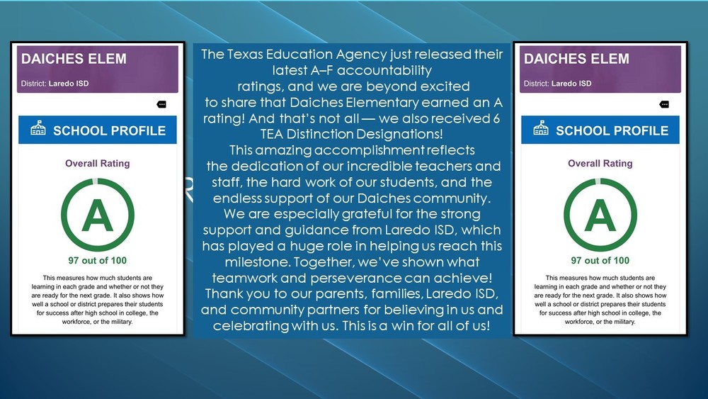 Daiches Elementary earned an A rating! And that’s not all — we also received 6 TEA Distinction Designations!
