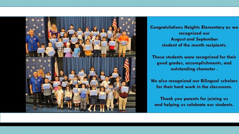 Today we recognized our August and September student of the month recipients.  These students were recognized for their good grades, accomplishments, and outstanding character .  Congratulations! We also recognized our Bilingual scholars for their hard work in the classroom.  Thank you parents for joining us and helping us celebrate our students.