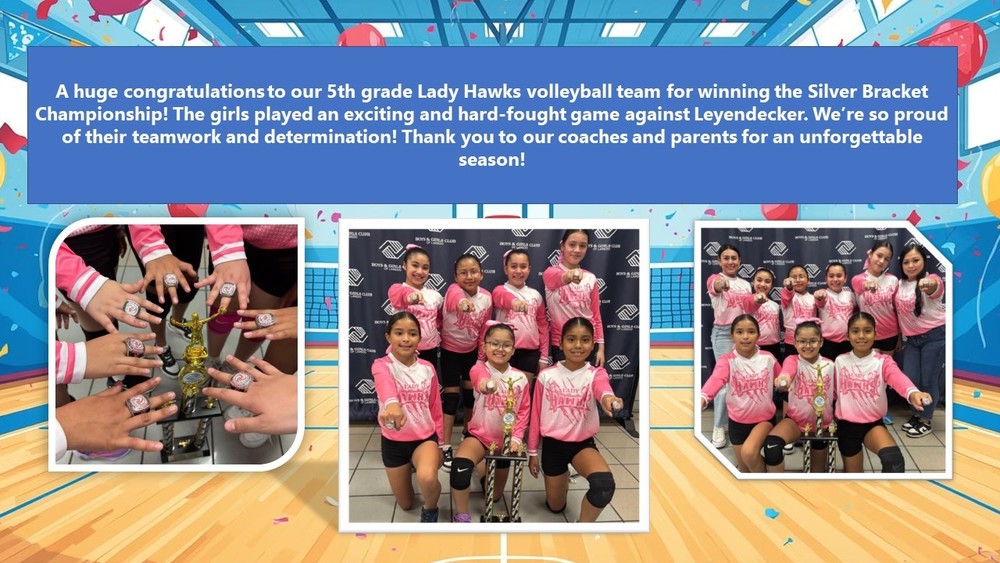 A huge congratulations to our 5th grade Lady Hawks volleyball team for winning the Silver Bracket Championship!