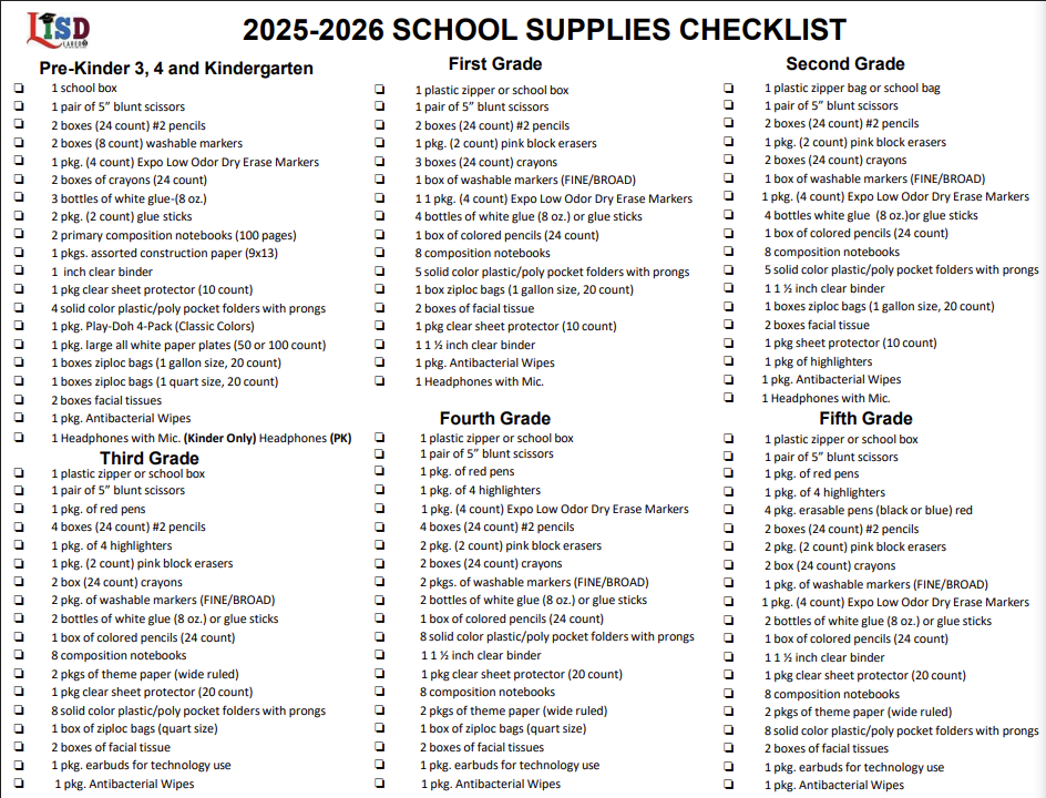 School Supplies Checklist