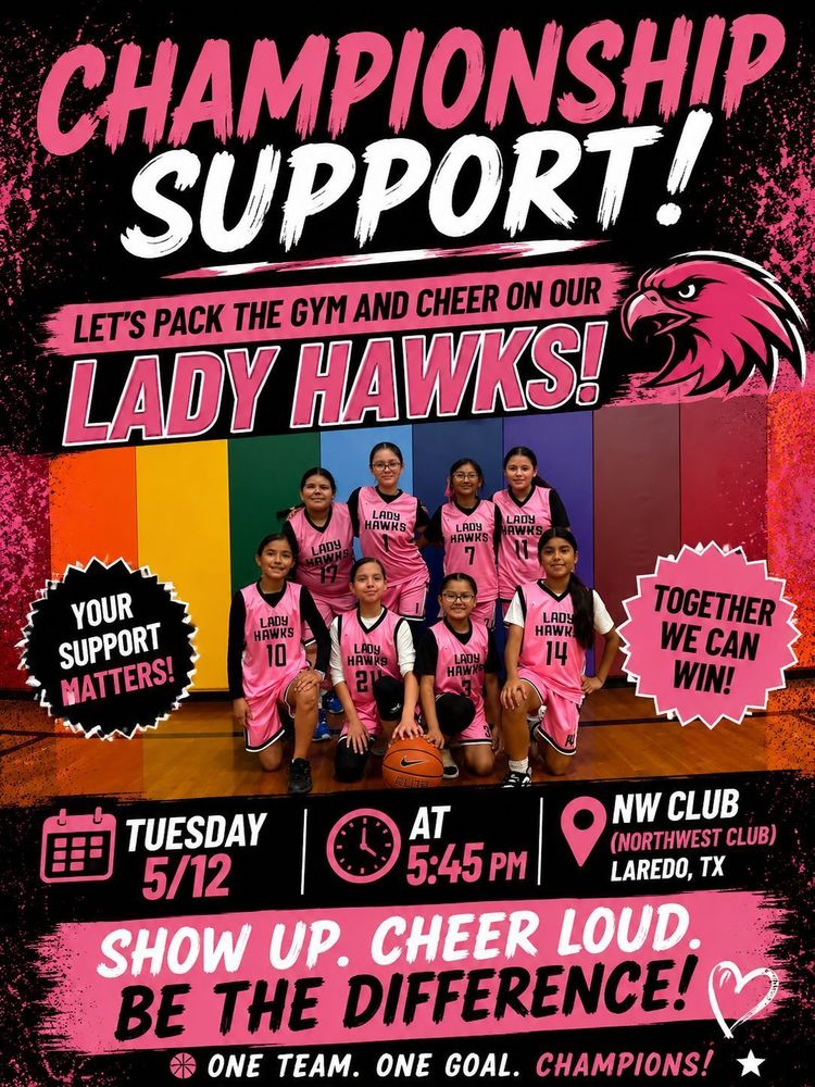 Championship Support! Let's Pack the Gym and Cheer On Our Lady Hawks! Tuesday, May 12th @ 5:45 pm, NorthWest Gym Club
