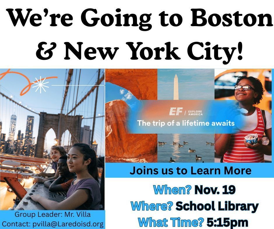 L.J Christen is going back on the road! After a successful trip to Washington and New York City this past summer, we are doing it again!  This is the Final Meeting as spots are limited. Currently we have 8 spots left!   Join us for an informational meeting this Wednesday at 5:15 PM at the School Library. Parents and students are welcome! Let’s make memories that will last a lifetime! 💙🚌📸