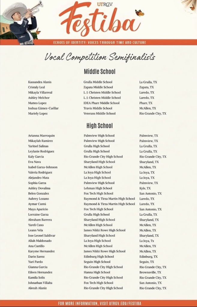 Congratulations to Ashley Melchor 8th grader and Mikayla Villarreal 6th grader for being selected as vocal semi-finalist for UTRGV Festiba mariachi competition at Edingburg Texas.