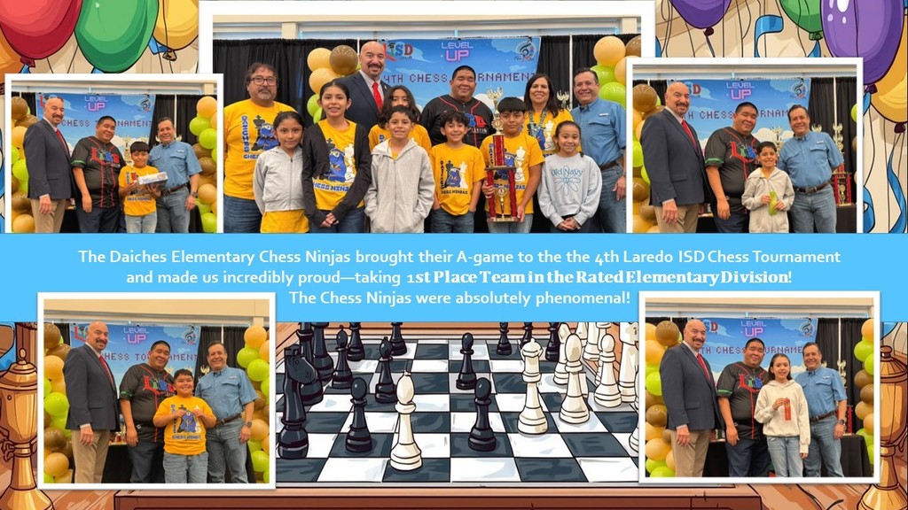 The Daiches Elementary Chess Ninjas brought their A-game to the the 4th Laredo ISD Chess Tournament and made us incredibly proud—taking 1𝐬𝐭 𝐏𝐥𝐚𝐜𝐞 𝐓𝐞𝐚𝐦 𝐢𝐧 𝐭𝐡𝐞 𝐑𝐚𝐭𝐞𝐝 𝐄𝐥𝐞𝐦𝐞𝐧𝐭𝐚𝐫𝐲 𝐃𝐢𝐯𝐢𝐬𝐢𝐨𝐧! The Chess Ninjas were absolutely phenomenal!
