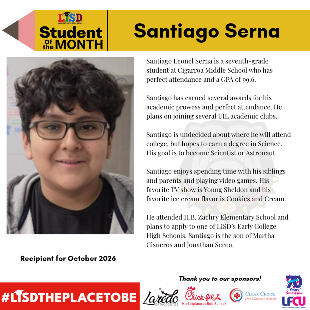 Cigarroa MS October Student of the Month