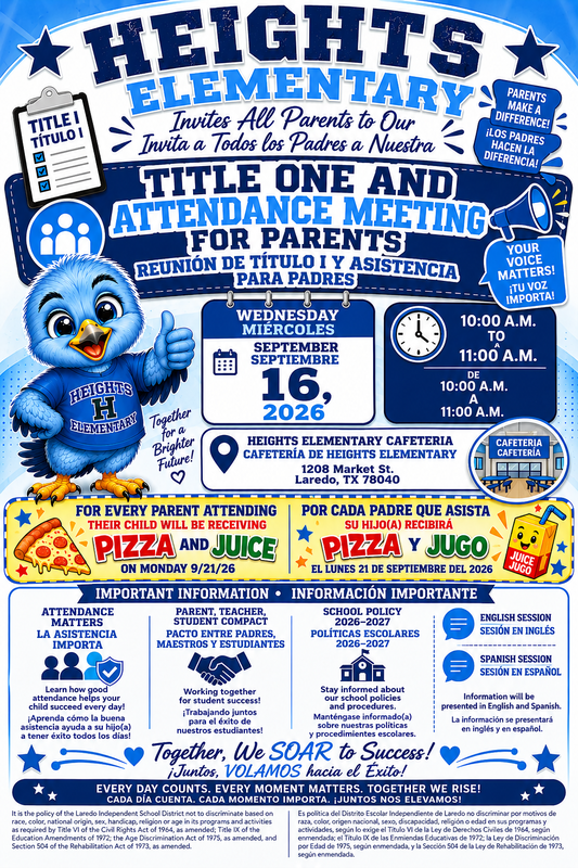 Heights Title One Attendance Meeting for parents Sept. 16 @ 10 am (English Session)