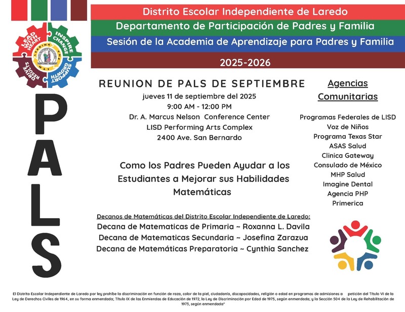 Laredo ISD - Parent & Family Engagement Department - Parent Academy of Learning Session - Sept. 11, 2025, 9 am @ Dr. A. Nelson Conference Center
