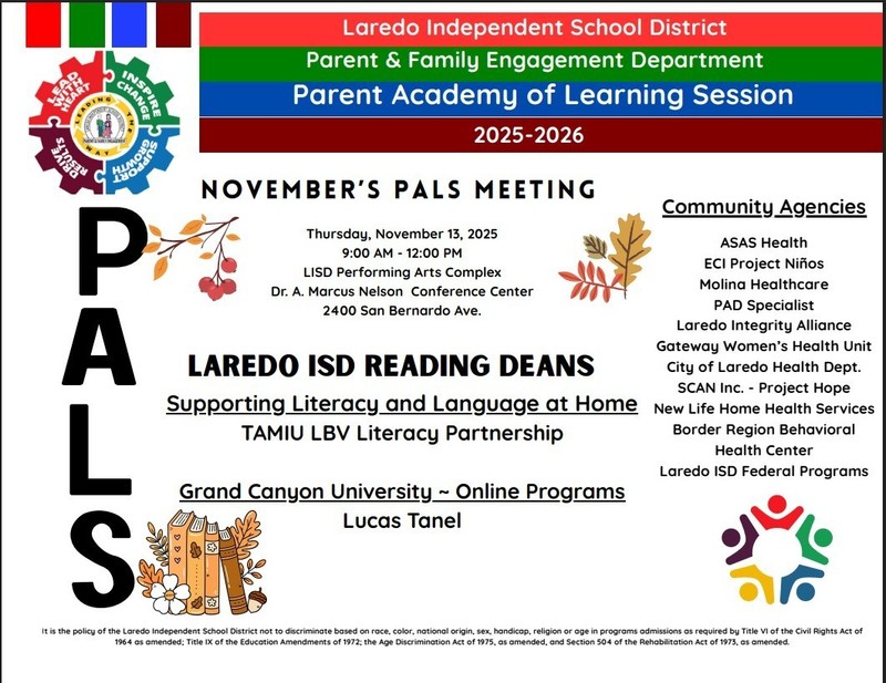 LISD - Parent Academy of Learning Session - Nov. 13, 2025 @  LISD Performing Arts Complex - 9 am