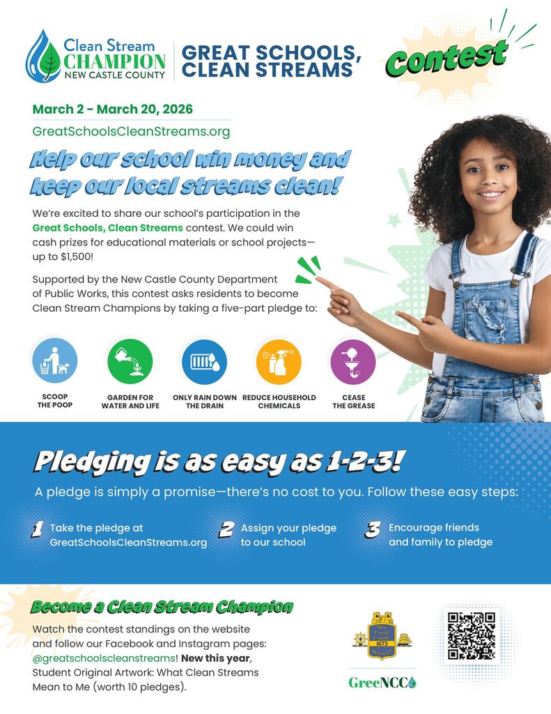Flyer for signing up to the clean water pledge and QR code to the sign up page