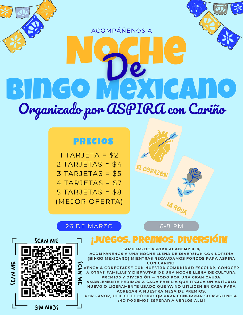 Mexican loteria night flyer with QR code to register in spanish