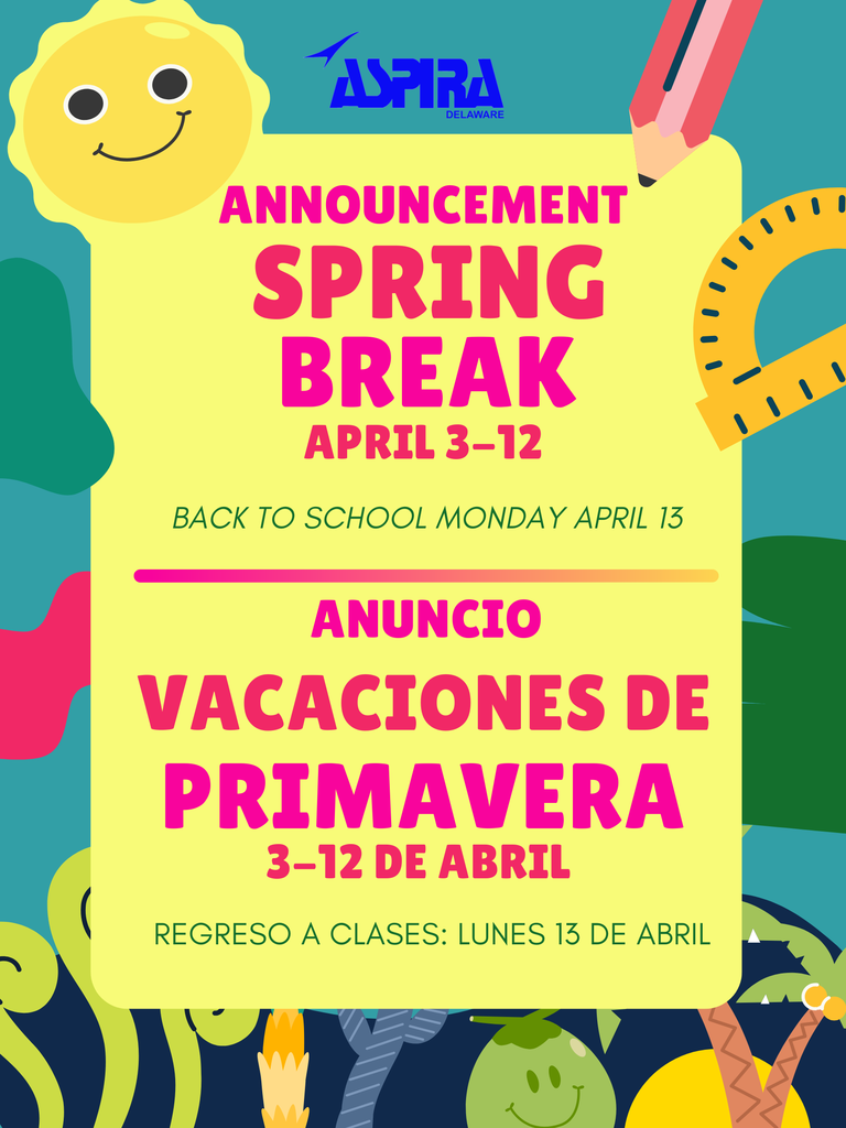 Spring break flyer with dates of spring break. Back to school on April 13th.