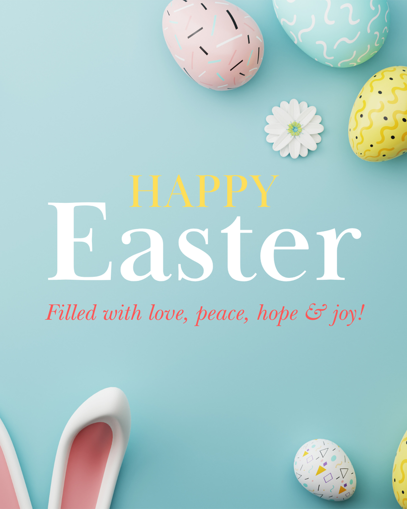 Flyer for East with colored eggs and bunny ears showing.