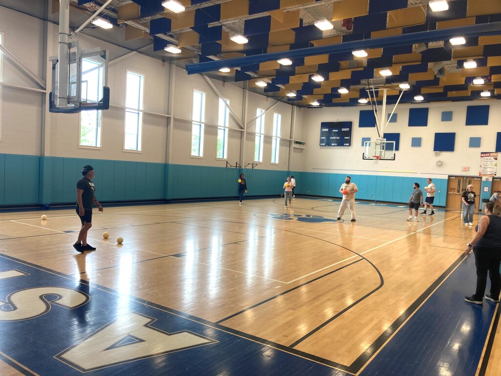 teachers playing dodge ball - last one standing for this team