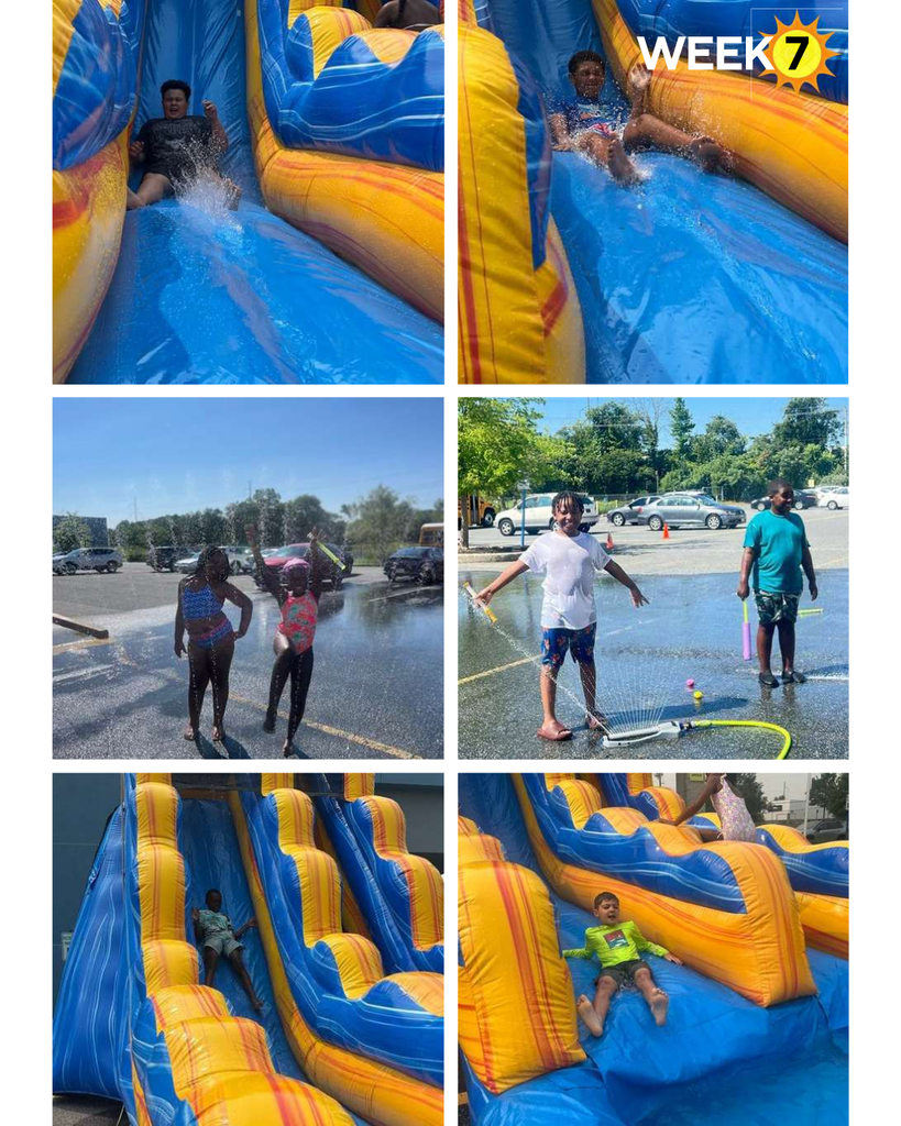 aspira summer camp students having fun on water slide for splash day