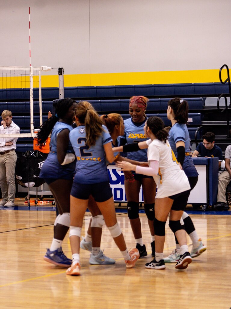 High School girls volleyball team huddle