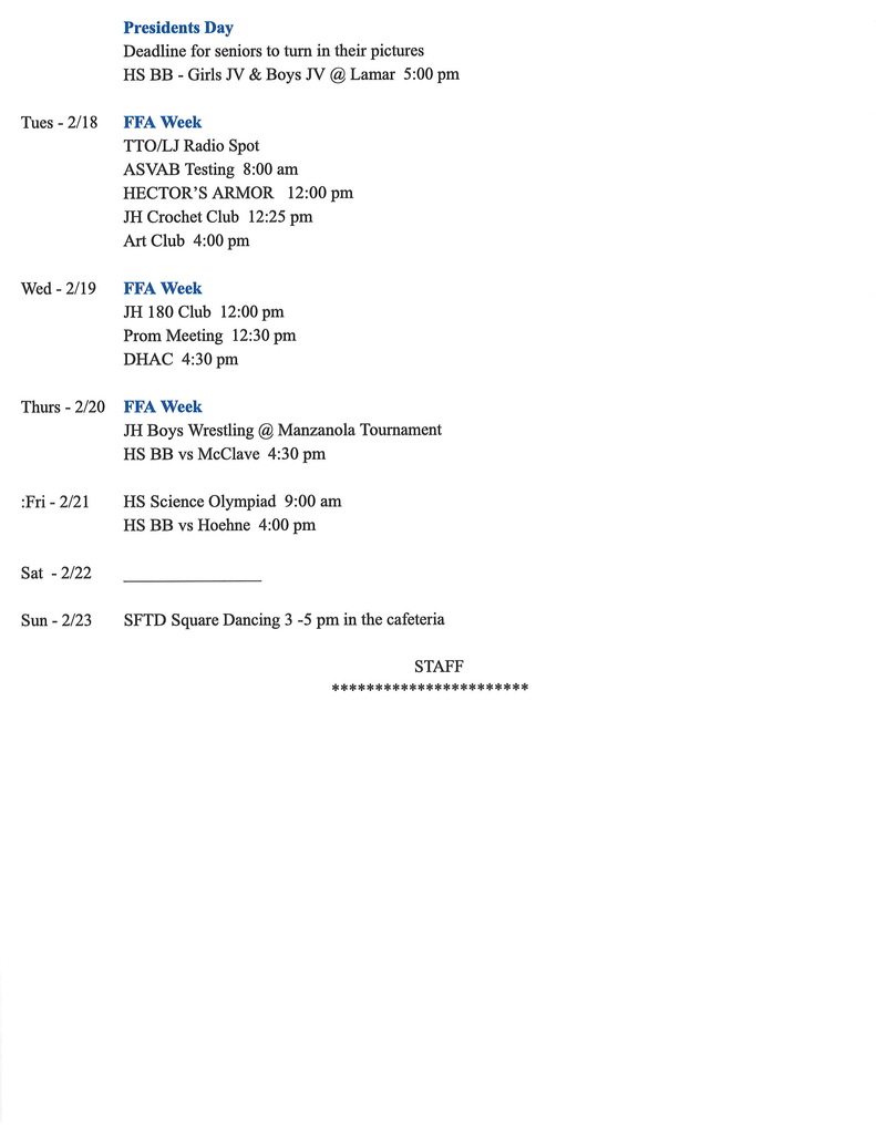 Jh/HS announcements